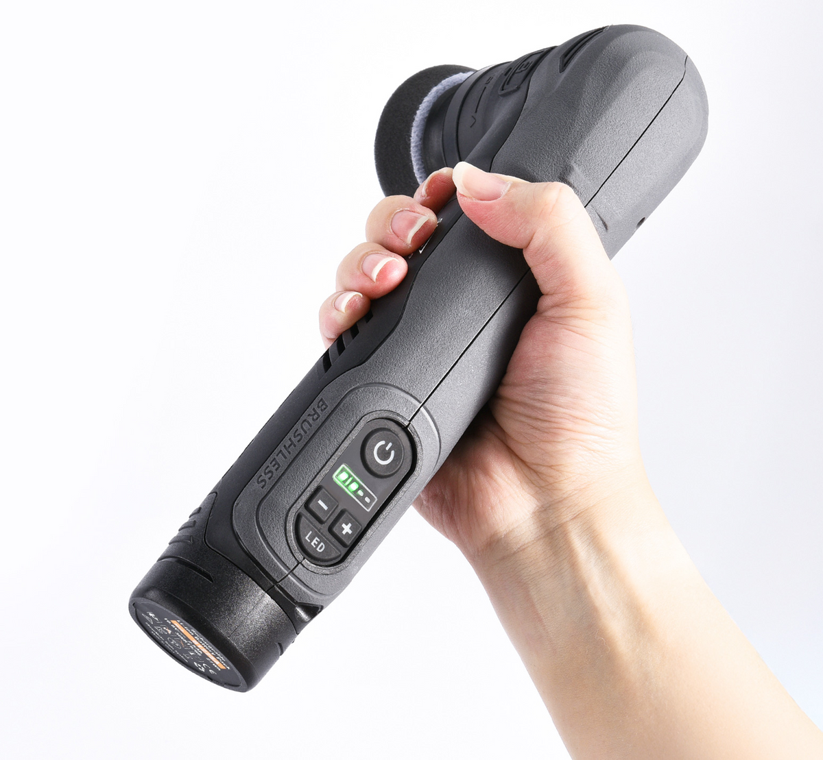 ShineMate EB210 cordless mini polisher held in one hand showing the brushless speed and LED controls