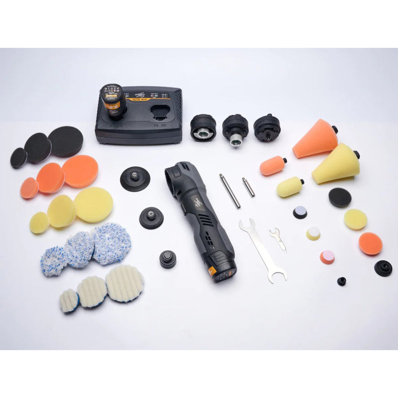 ShineMate EB210 kit laid out — polisher body, work heads, backing plates, cones, pads and charger
