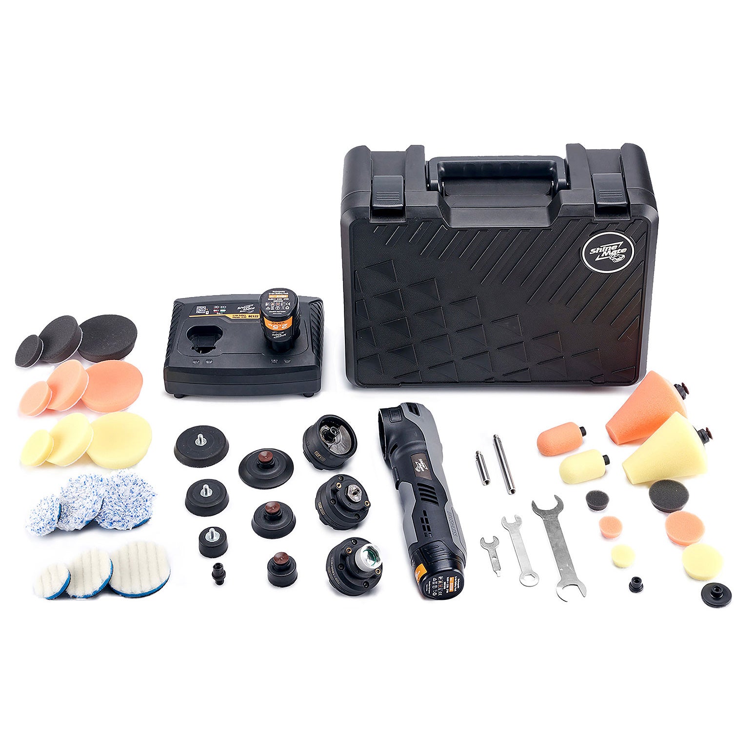 ShineMate EB210 cordless mini polisher kit — full contents with carry case, charger, heads, plates and pads