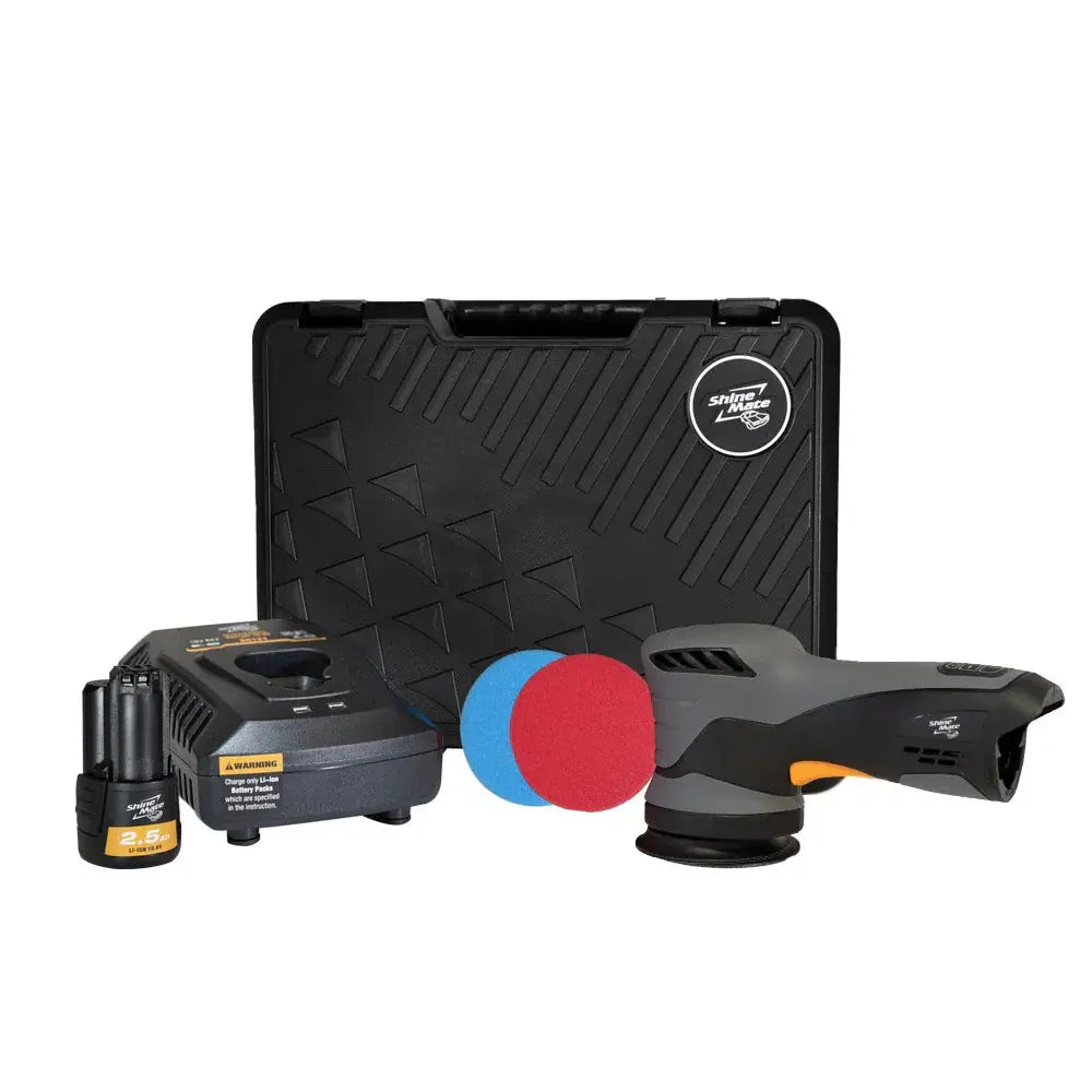 ShineMate EB212 kit contents — polisher, 10.8V battery, rapid charger, two polishing pads and moulded carry case
