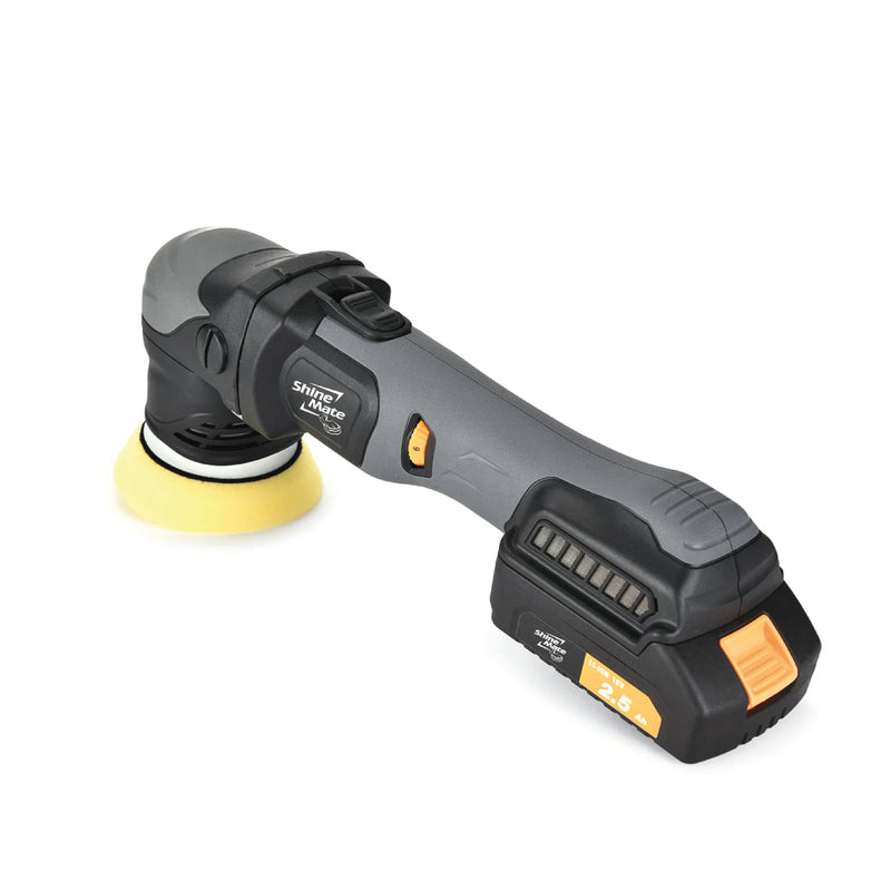 ShineMate EB350-5/9 9mm cordless orbital polisher with 18V 2.5Ah battery fitted and 5 inch polishing pad