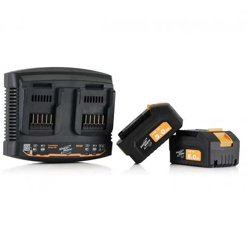 ShineMate BC182 dual-channel rapid charger with two 18V 5.0Ah lithium-ion batteries