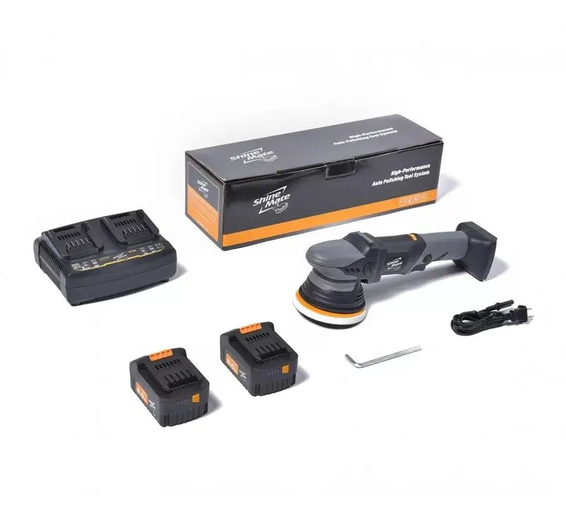 ShineMate EB351-5/15 kit contents — polisher, two 5.0Ah batteries, dual-channel charger, cable, spanner and box
