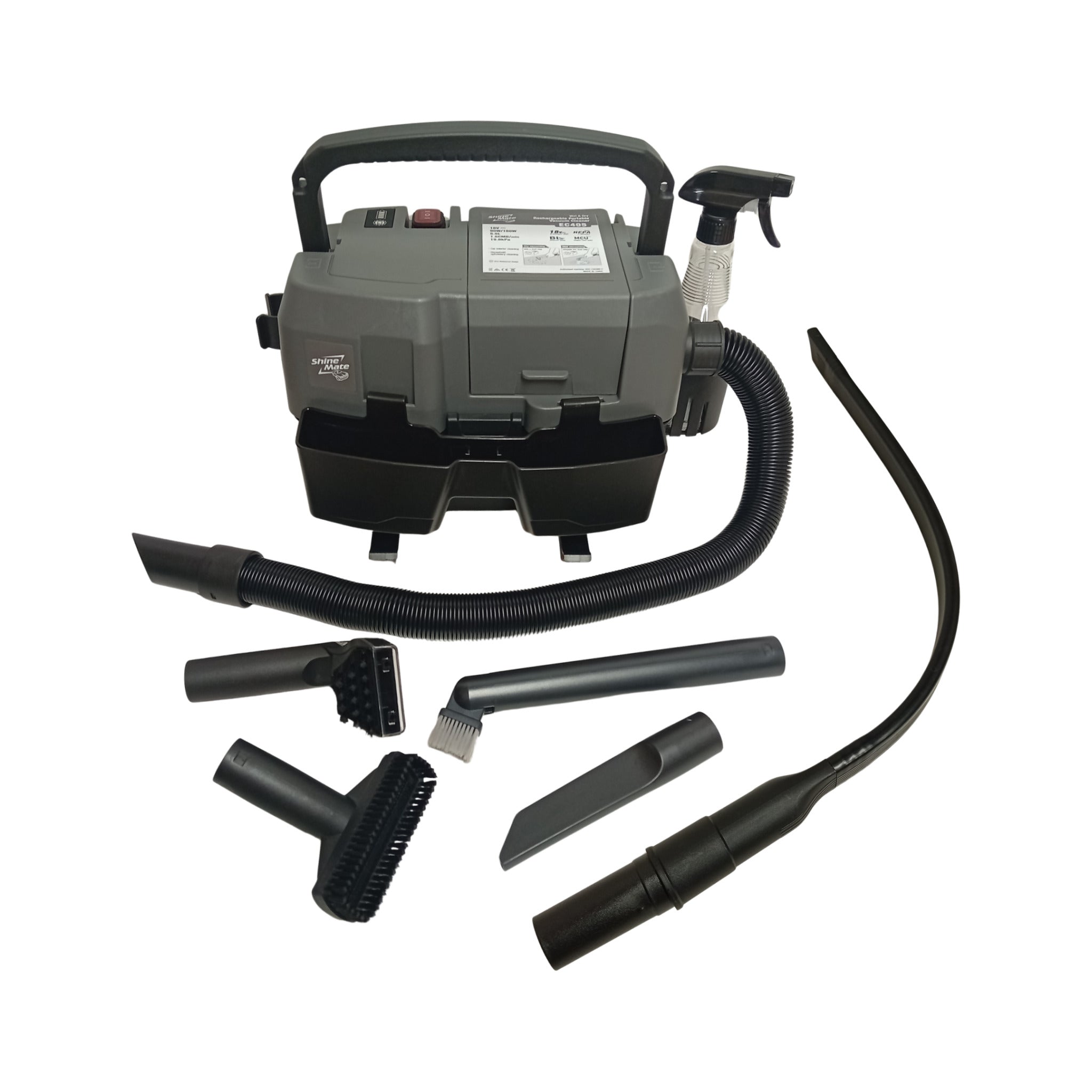 ShineMate EC405 vacuum with full nozzle and crevice tool set — accessories view