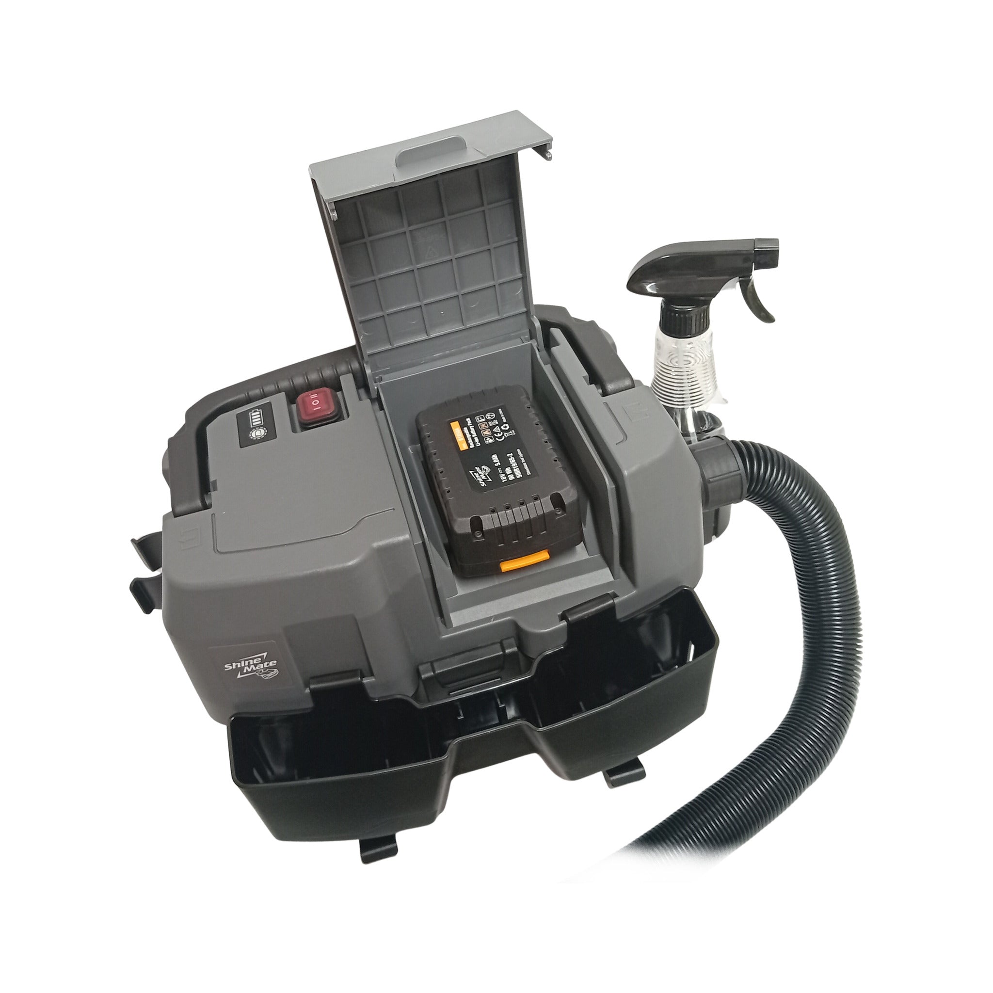 ShineMate EC405 vacuum with 18V battery fitted and lid open — battery view