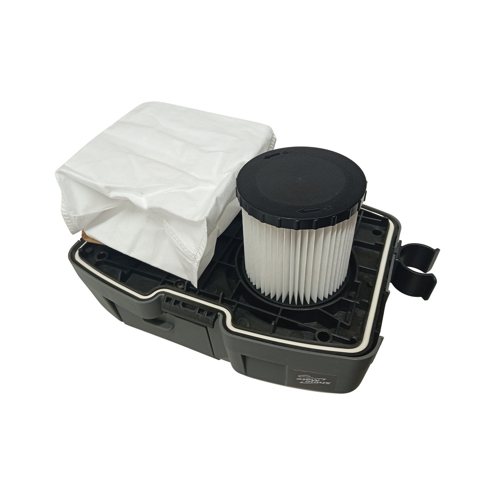 ShineMate EC405 vacuum tank open showing dust bag and HEPA filter — interior view