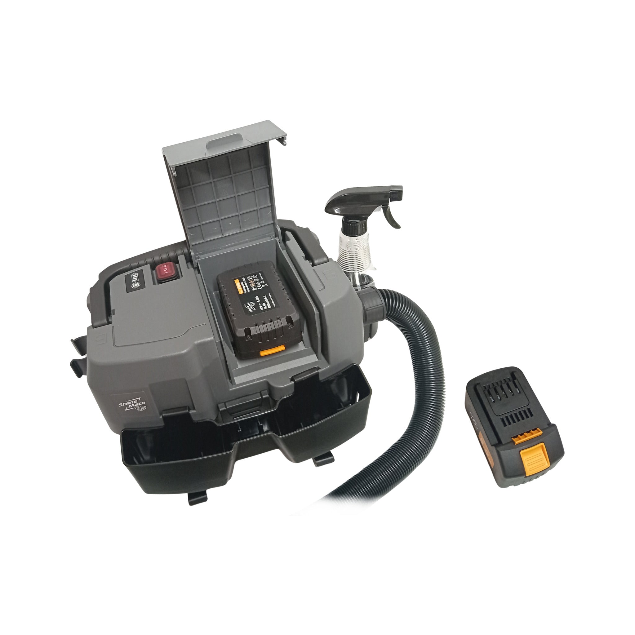 ShineMate EC405 vacuum shown with its 18V 5.0Ah battery pack — kit contents