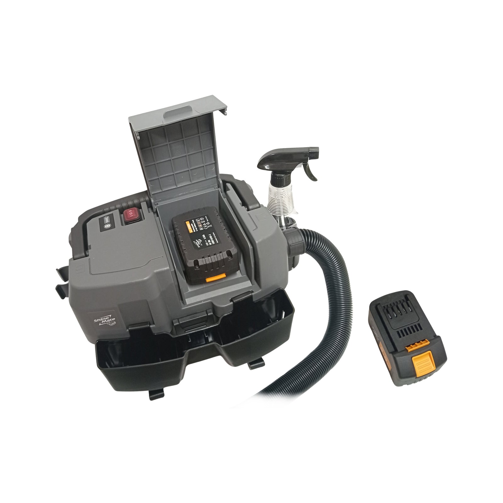 ShineMate EC405 vacuum shown with its 18V 5.0Ah battery pack — kit contents