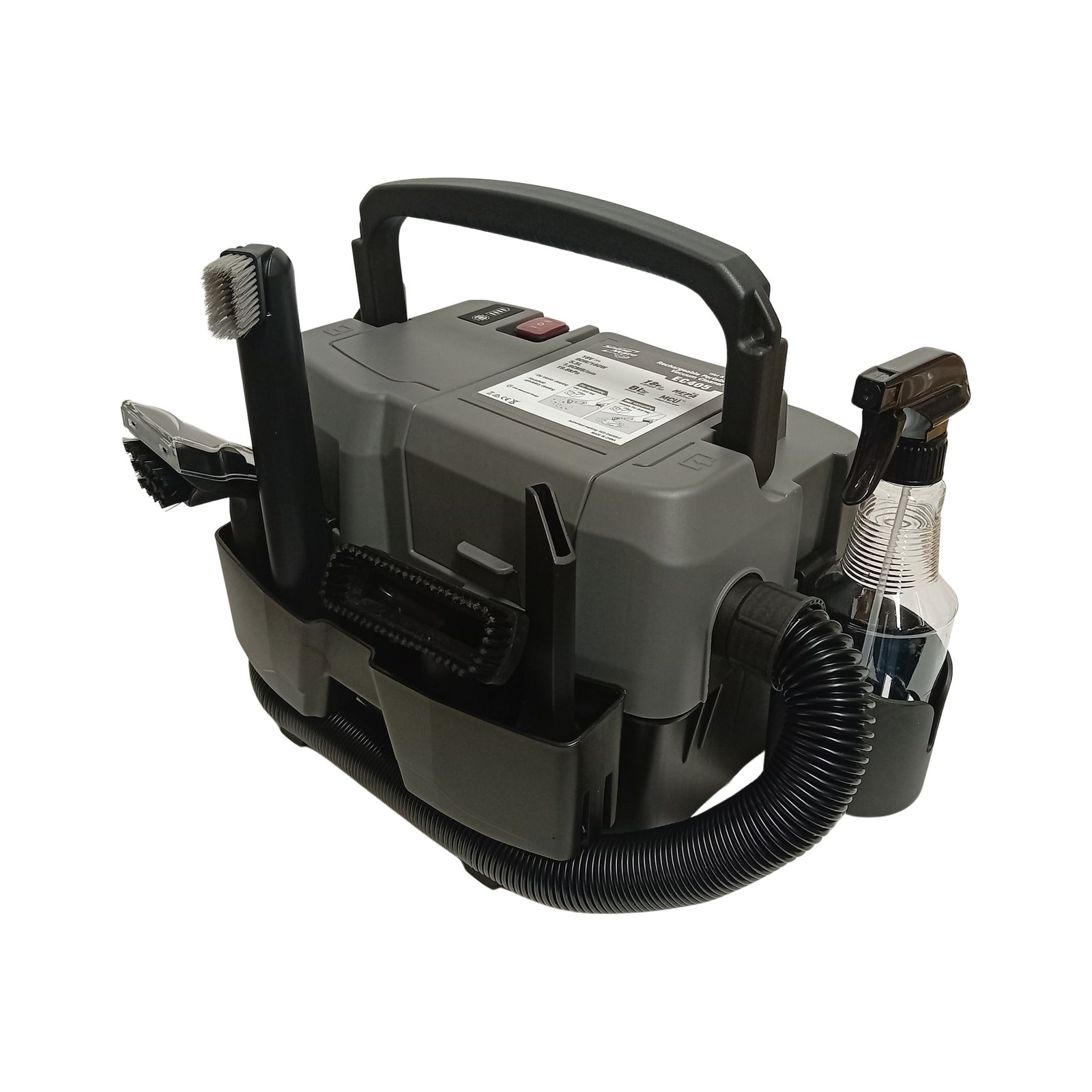 ShineMate EC405 cordless wet and dry vacuum with nozzles and spray bottle stowed — product image