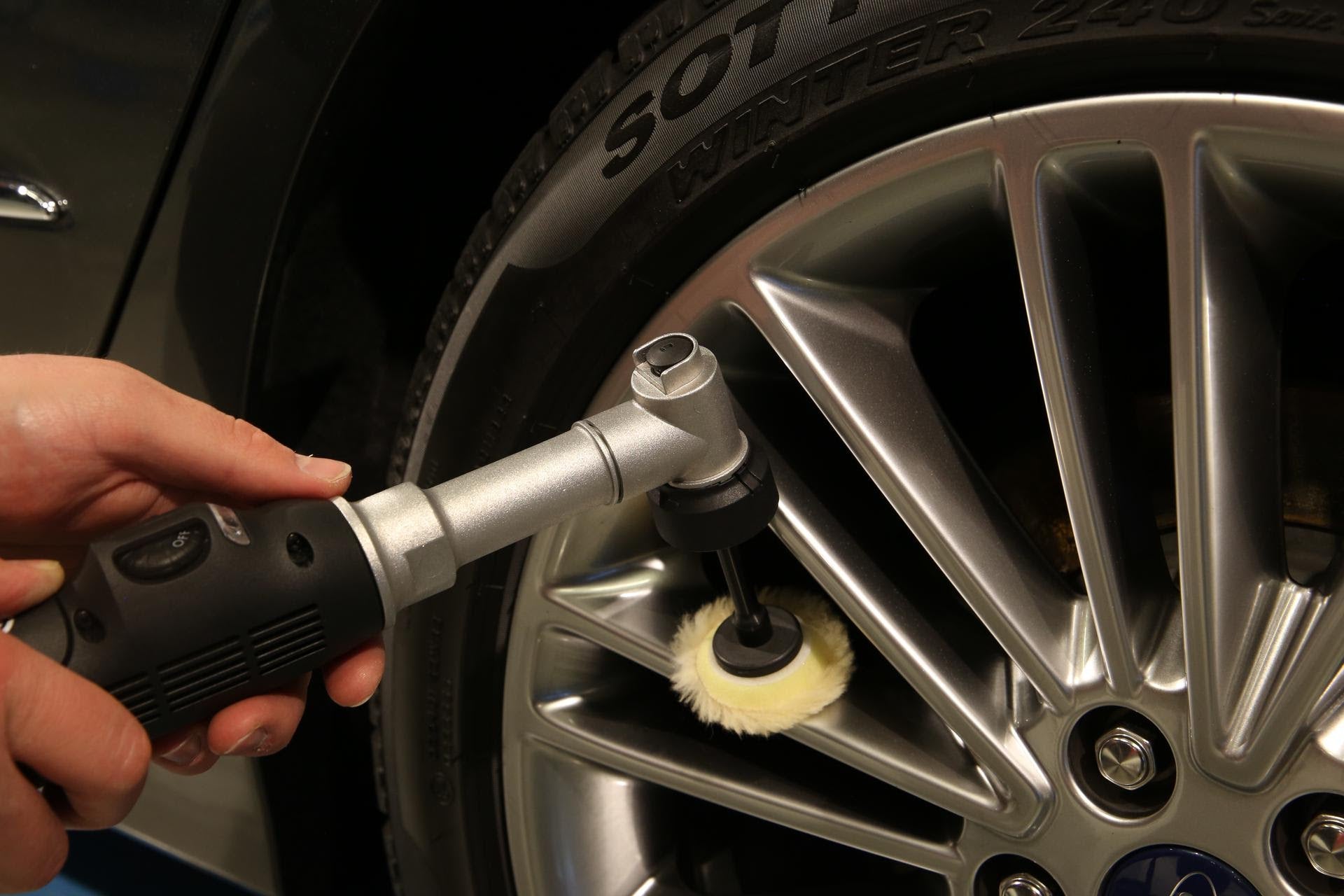 Rupes iBrid Nano Extension Bar reaching between alloy wheel spokes