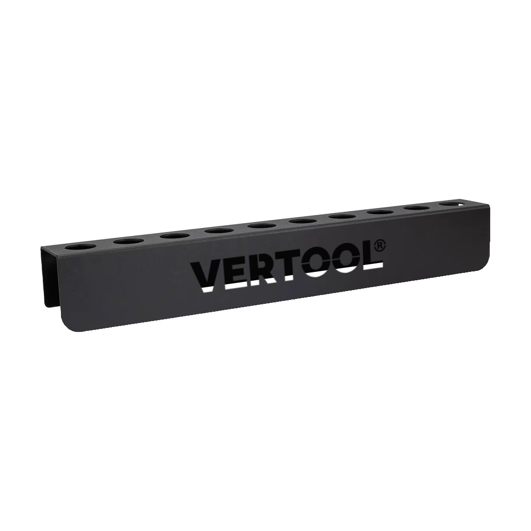 Vertool 10UP brush holder rail in powder coated steel, angled view