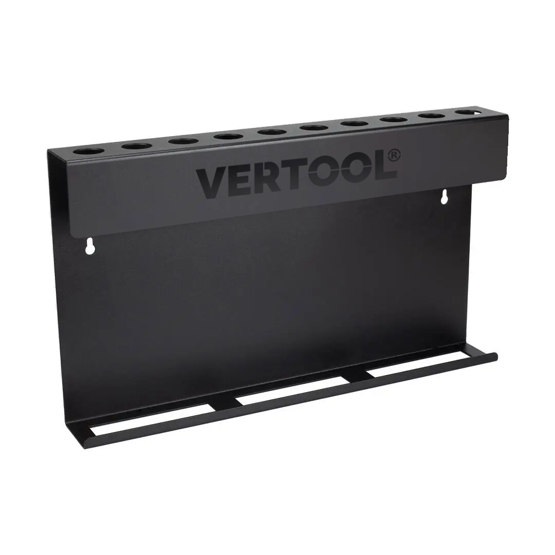 Vertool 10UP brush and bottle holder in powder coated steel, angled front view
