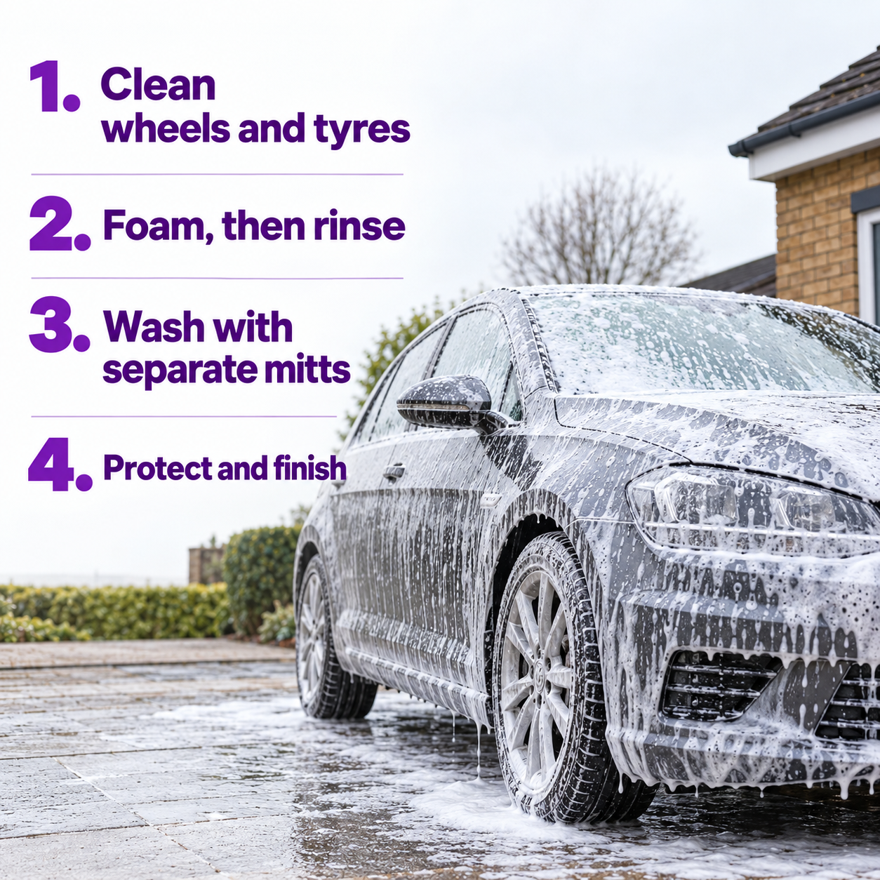 Weekend Warrior+ wash routine in four steps on a snow foamed car