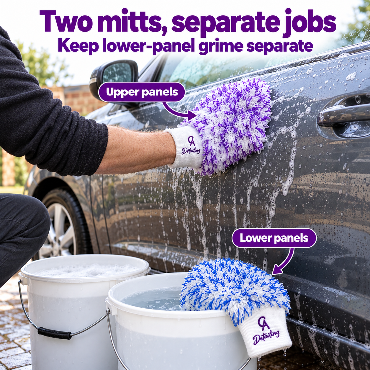 Two wash mitts, one for upper panels and one for lower panels