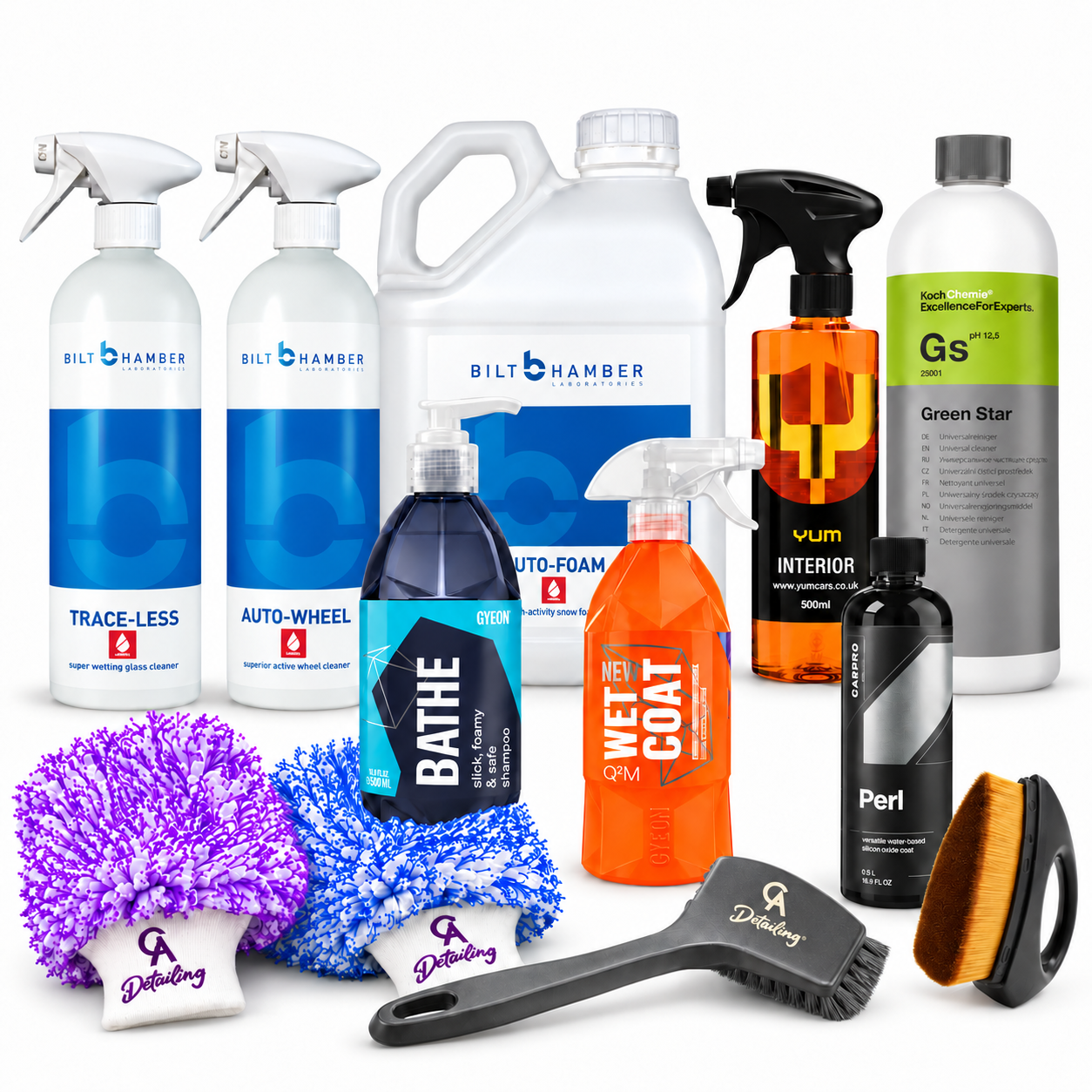Weekend Warrior+ Bundle contents on white: eight car care products, two wash mitts, tyre brush and applicator